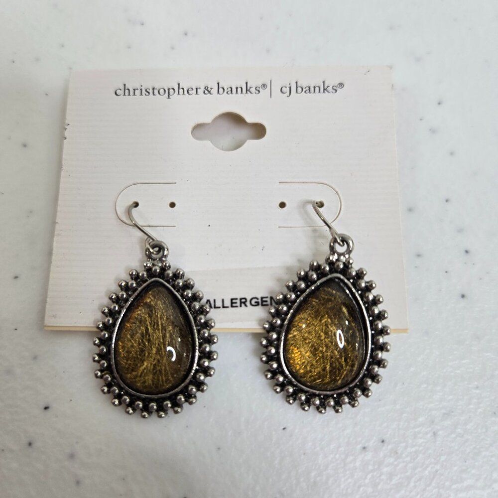 CJ Banks Earrings Teardrop Silver Tone Dangle Brown Basic Drop Swirl Gold New